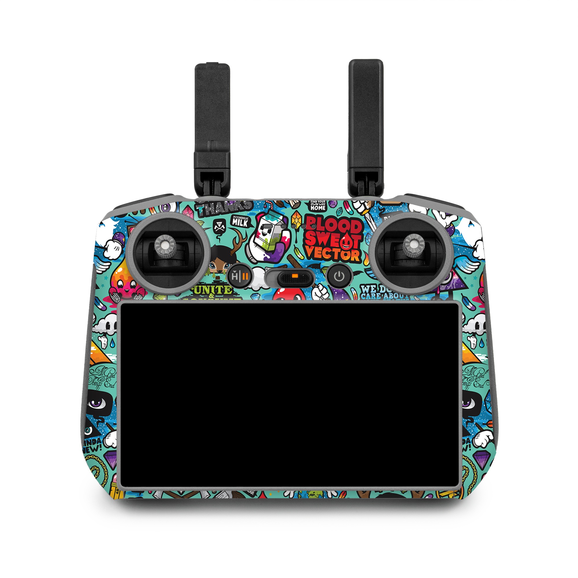 DJI RC 2 Skin design of Cartoon, Art, Pattern, Design, Illustration, Visual arts, Doodle, Psychedelic art, with black, blue, gray, red, green colors