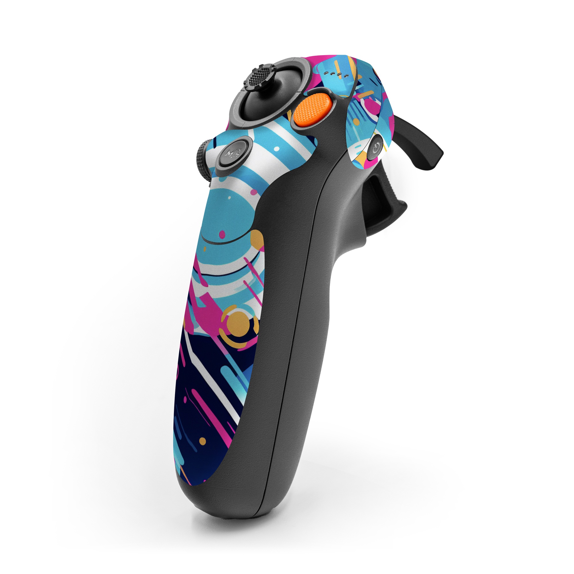 DJI RC Motion 3 Skin design of Colorfulness, Font, Line, Material property, Art, Magenta, Pattern, Electric blue, Circle, Graphics, with blue, pink, black, white, orange colors