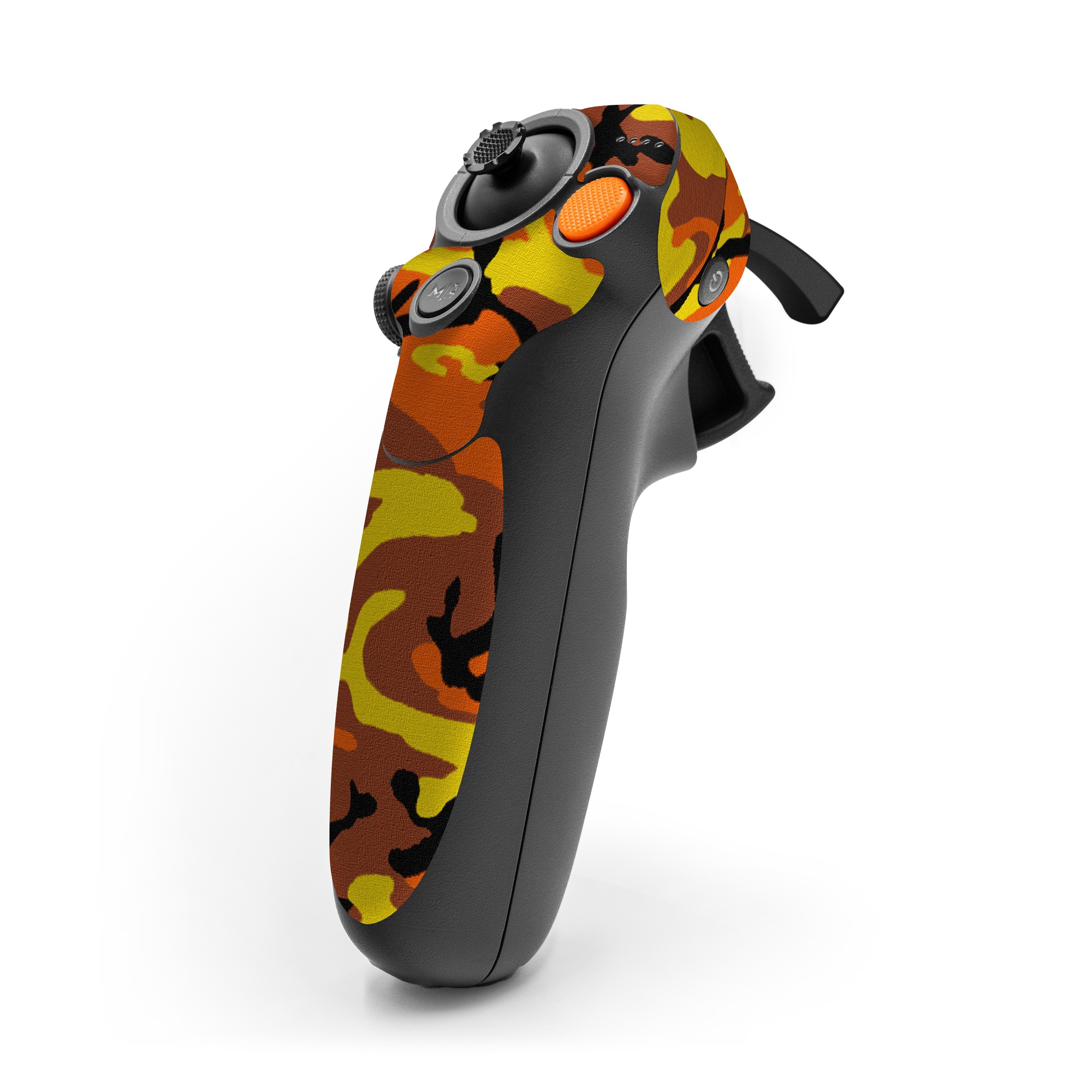 DJI RC Motion 3 Skin design of Military camouflage, Orange, Pattern, Camouflage, Yellow, Brown, Uniform, Design, Tree, Wildlife, with red, green, black colors