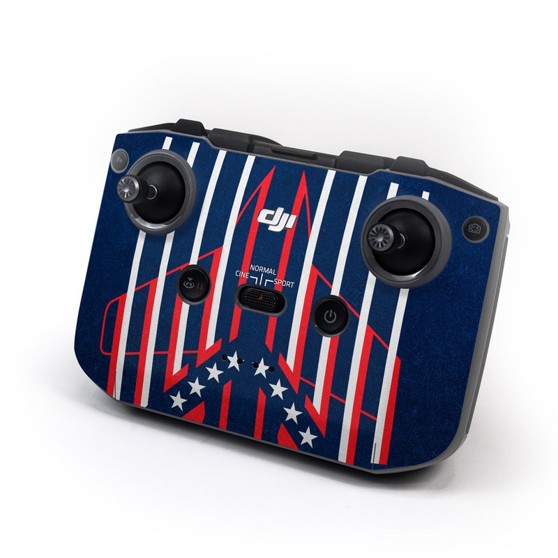 DJI RC-N1 Controller Skin design of Sleeve, Font, Motor vehicle, T-shirt, Emblem, Poster, Electric blue, Symmetry, Symbol, Pattern, with blue, red, white colors