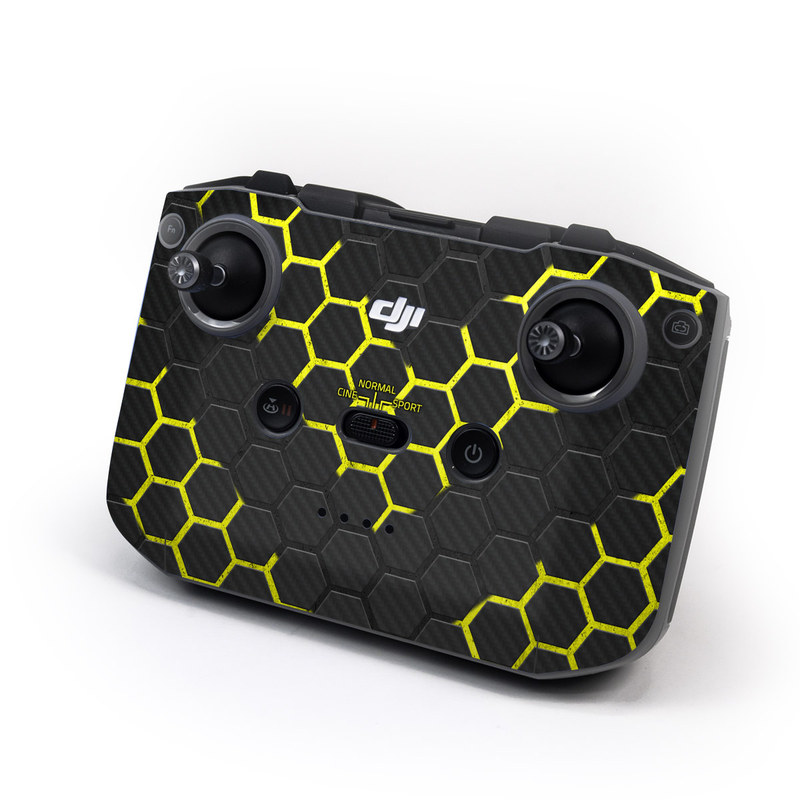 DJI RC-N1 Controller Skin design of Black, Pattern, Yellow, Mesh, Net, Chain-link fencing, Design, Metal, with black, gray, yellow colors