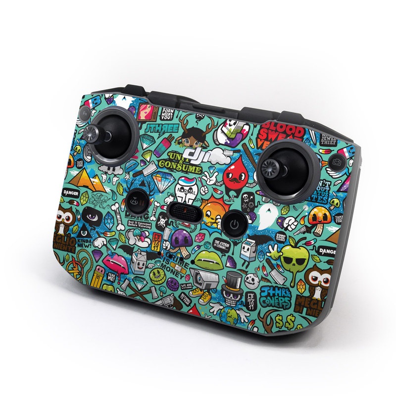 DJI RC-N1 Controller Skin design of Cartoon, Art, Pattern, Design, Illustration, Visual arts, Doodle, Psychedelic art, with black, blue, gray, red, green colors