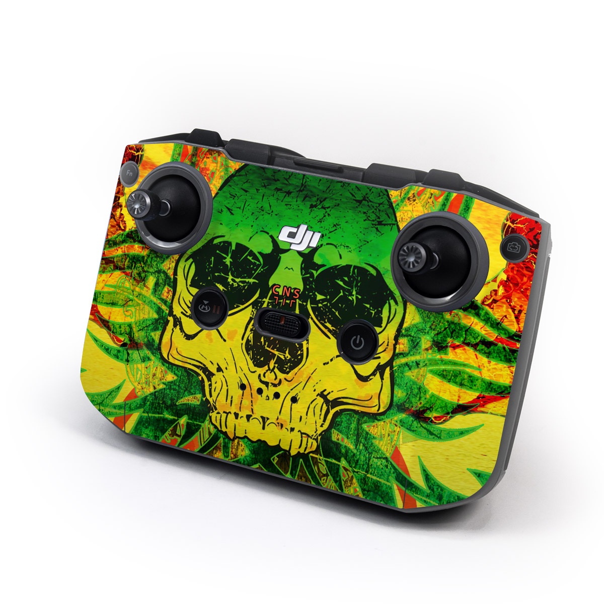 DJI RC-N2 Controller Skin design of Psychedelic art, Skull, Illustration, Bone, Art, Graphic design, Visual arts, Poster, Plant, Painting, with green, orange, black, red colors