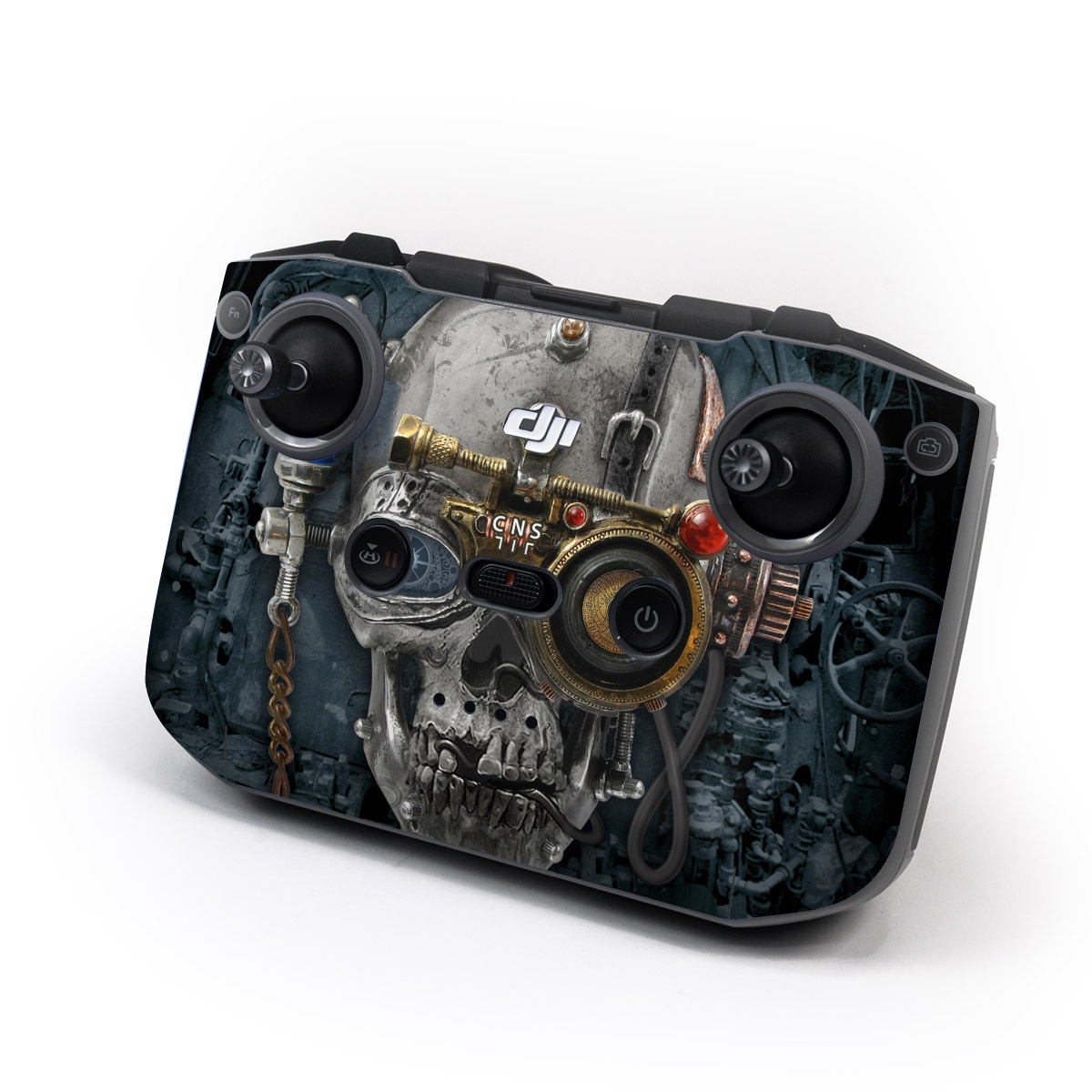DJI RC-N2 Controller Skin design of Engine, Auto part, Still life photography, Personal protective equipment, Illustration, Automotive engine part, Art, with black, gray, red, green colors