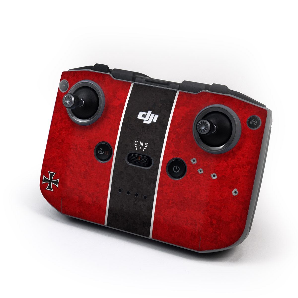DJI RC-N2 Controller Skin design of Bullet, Holes, War, Red, Text, Carmine, Colorfulness, Maroon, Symbol, Coquelicot, with red, black, white, gray colors