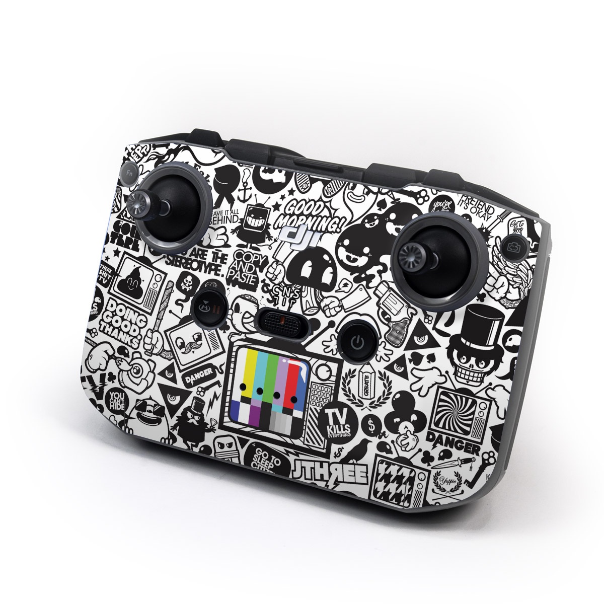 DJI RC-N2 Controller Skin design of Pattern, Drawing, Doodle, Design, Visual arts, Font, Black-and-white, Monochrome, Illustration, Art, with gray, black, white colors