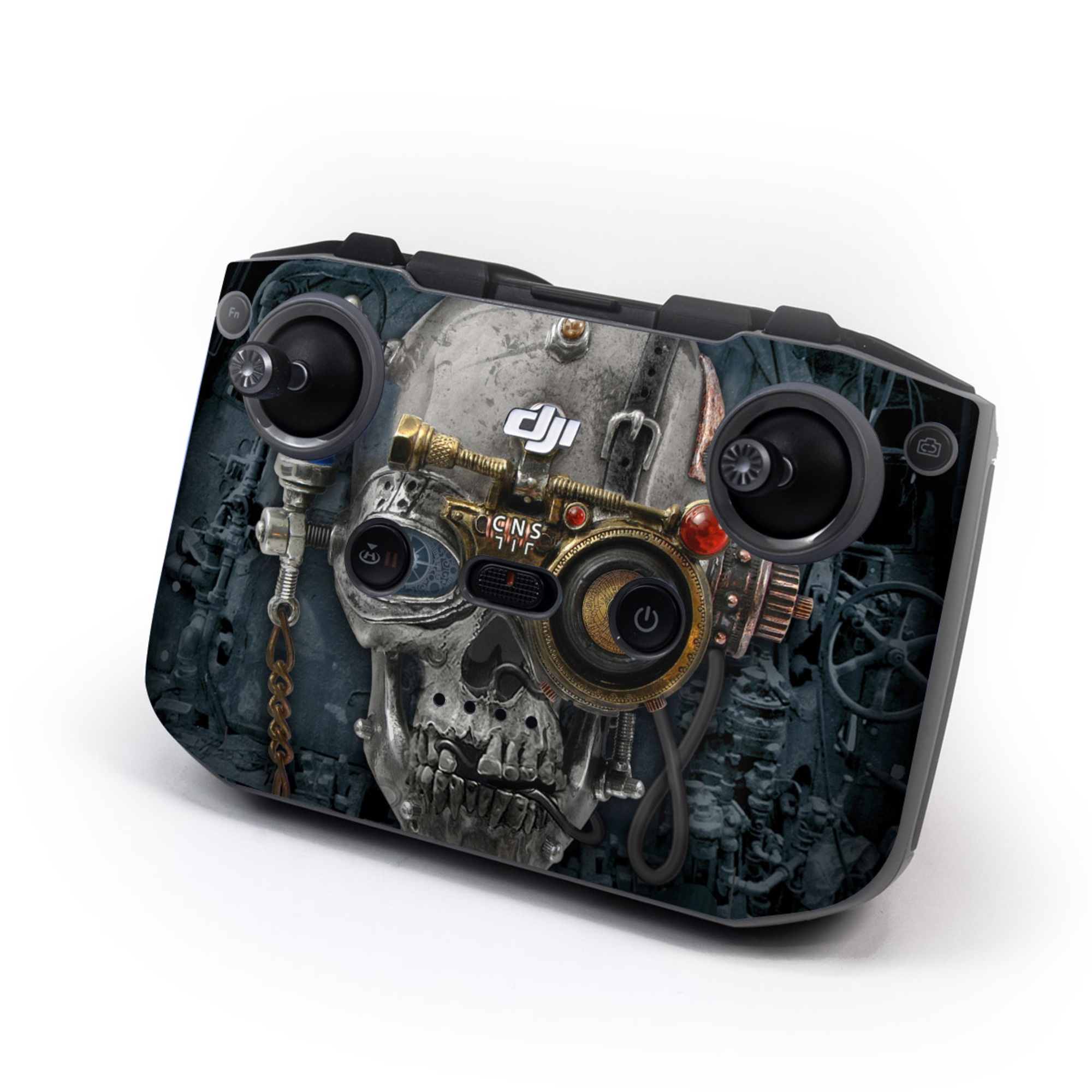 DJI RC-N3 Controller Skin design of Engine, Auto part, Still life photography, Personal protective equipment, Illustration, Automotive engine part, Art, with black, gray, red, green colors