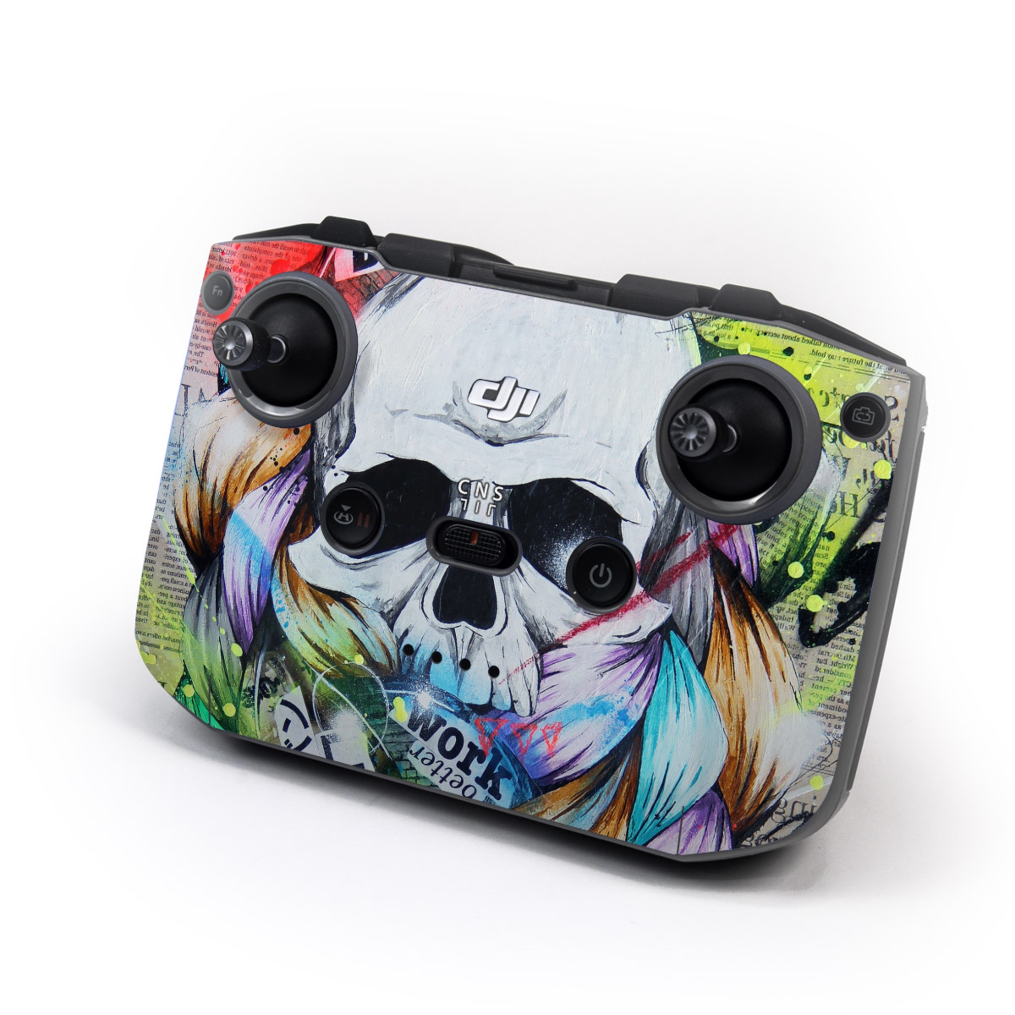 DJI RC-N3 Controller Skin design of Street art, Text, Graphic design, Font, Illustration, Art, Graffiti, Skull, Poster, Advertising, with gray, black, red, green, blue colors