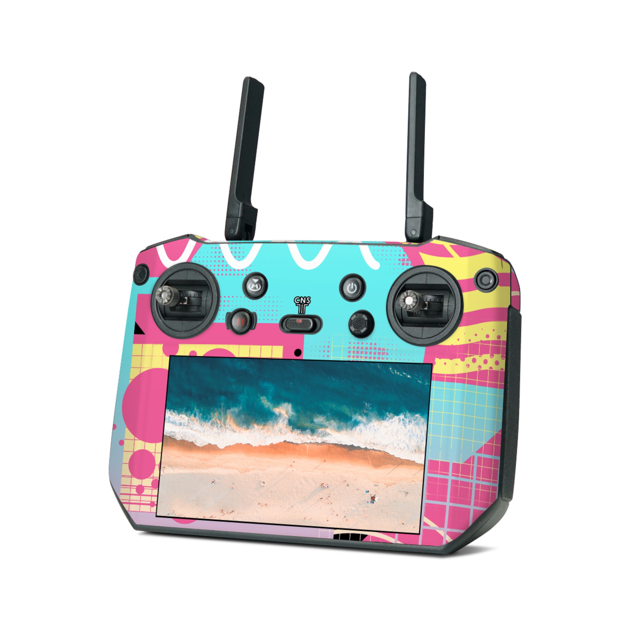 DJI RC Pro Skin design of Textile, Organism, Font, Art, Pink, Rectangle, Line, Aqua, Magenta, Circle, with pink, yellow, blue, black, white colors