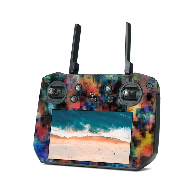 DJI RC Pro Skin design of Blue, Colorfulness, Pattern, Psychedelic art, Art, Sky, Design, Textile, Dye, Modern art, with black, blue, red, gray, green colors
