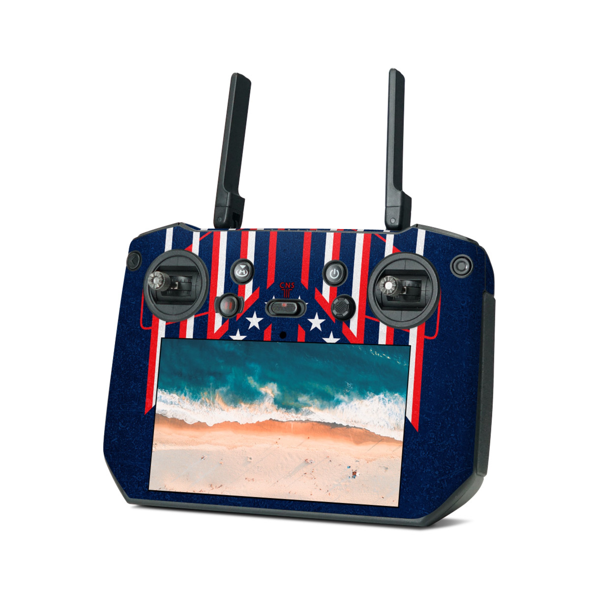 DJI RC Pro Skin design of Sleeve, Font, Motor vehicle, T-shirt, Emblem, Poster, Electric blue, Symmetry, Symbol, Pattern, with blue, red, white colors