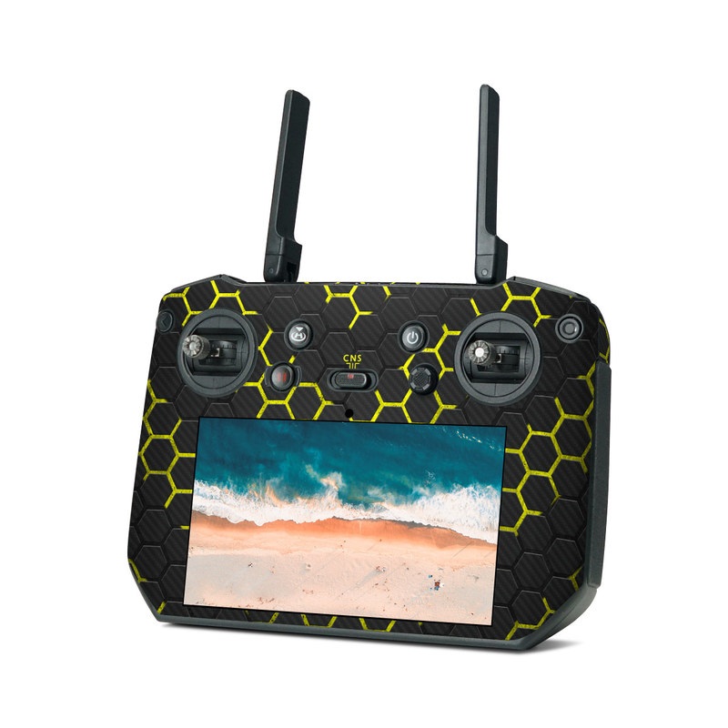 DJI RC Pro Skin design of Black, Pattern, Yellow, Mesh, Net, Chain-link fencing, Design, Metal, with black, gray, yellow colors