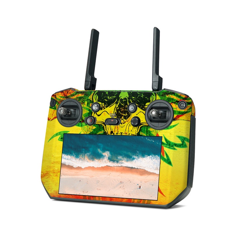 DJI RC Pro Skin design of Psychedelic art, Skull, Illustration, Bone, Art, Graphic design, Visual arts, Poster, Plant, Painting, with green, orange, black, red colors