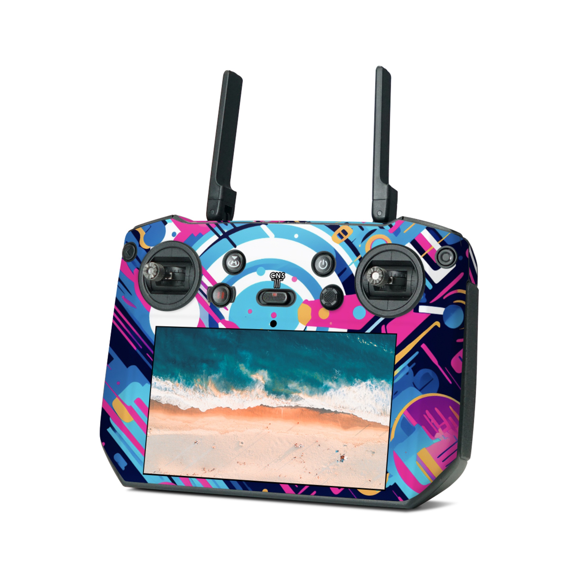 DJI RC Pro Skin design of Colorfulness, Font, Line, Material property, Art, Magenta, Pattern, Electric blue, Circle, Graphics, with blue, pink, black, white, orange colors