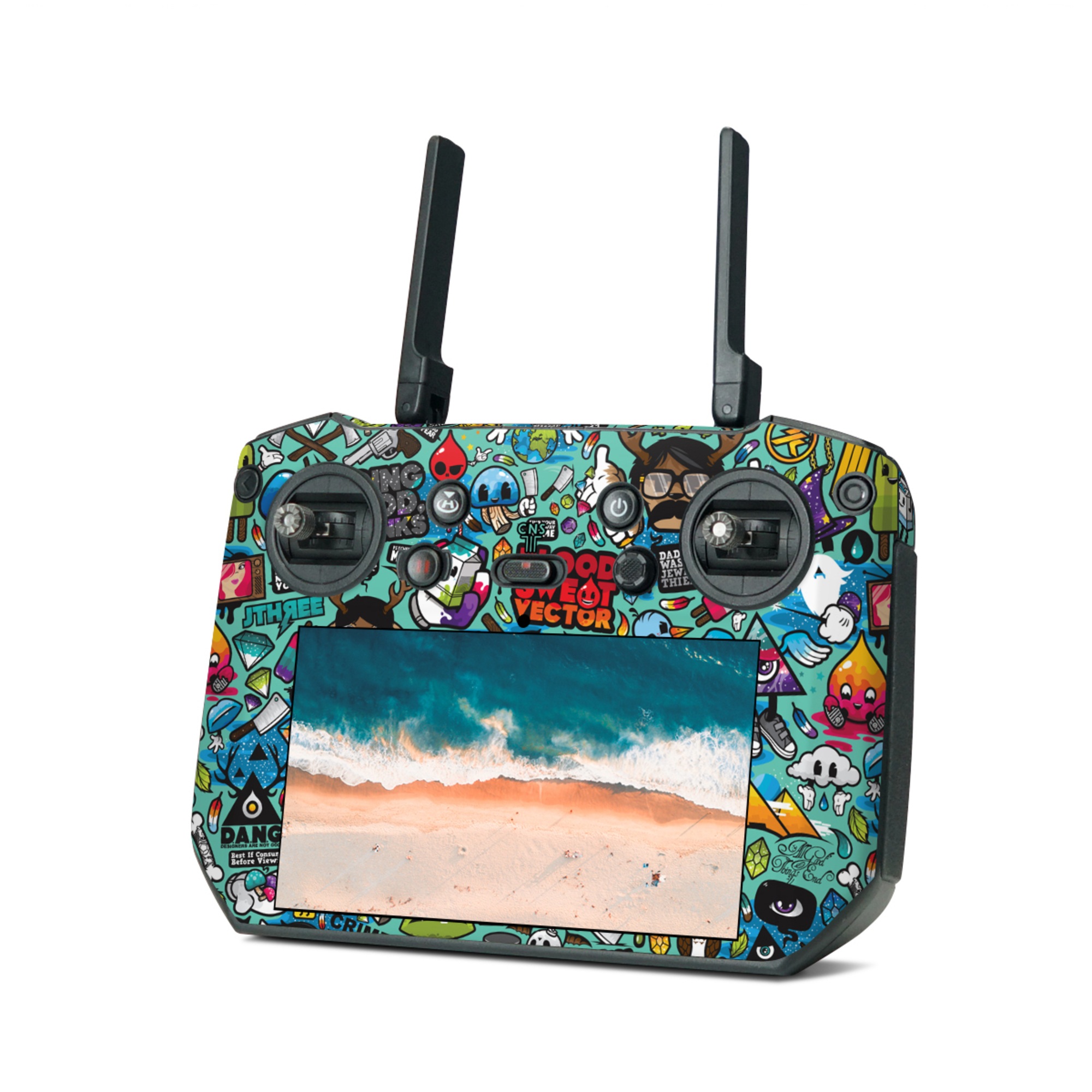 DJI RC Pro Skin design of Cartoon, Art, Pattern, Design, Illustration, Visual arts, Doodle, Psychedelic art, with black, blue, gray, red, green colors