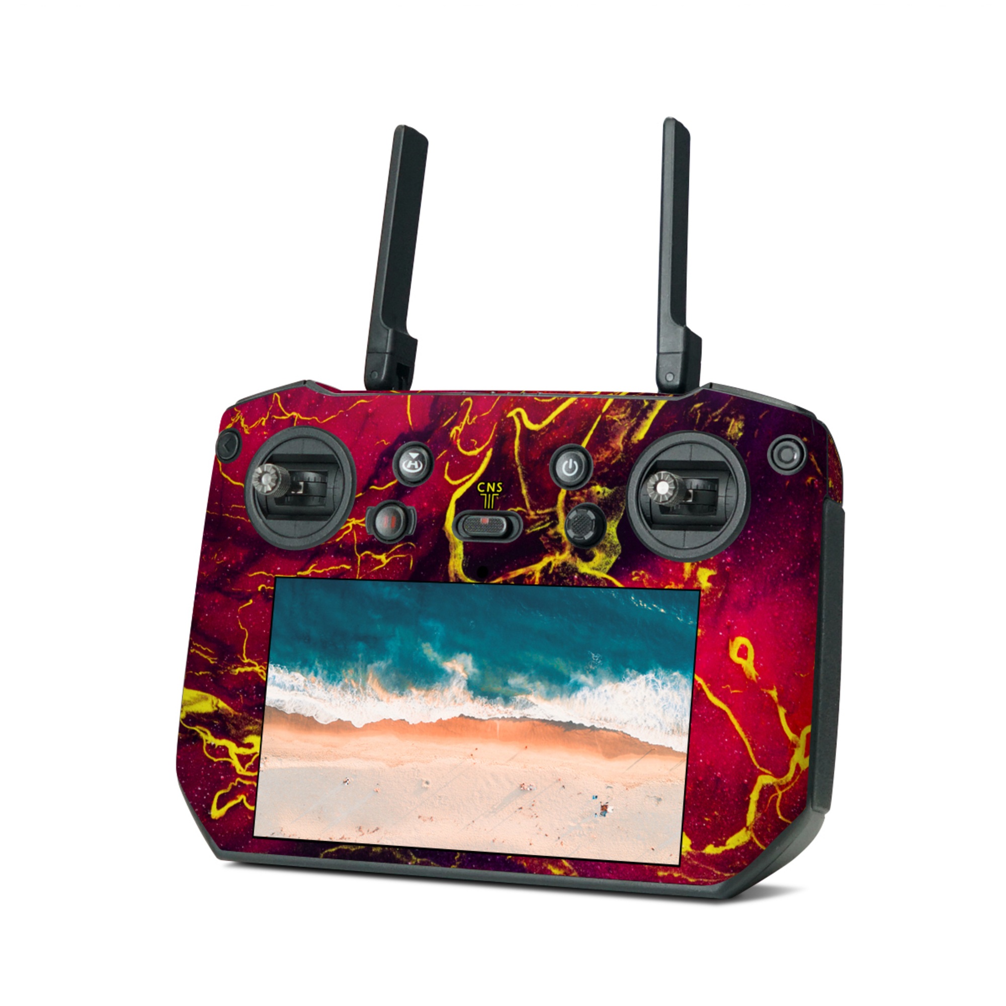 DJI RC Pro Skin design of Red, Purple, Geological phenomenon, Pattern, Fractal art, Art, Fictional character, Graphics, with red, yellow, black colors