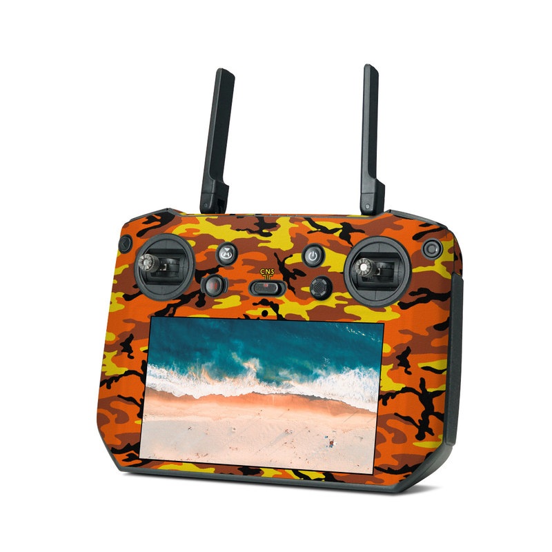 DJI RC Pro Skin design of Military camouflage, Orange, Pattern, Camouflage, Yellow, Brown, Uniform, Design, Tree, Wildlife, with red, green, black colors