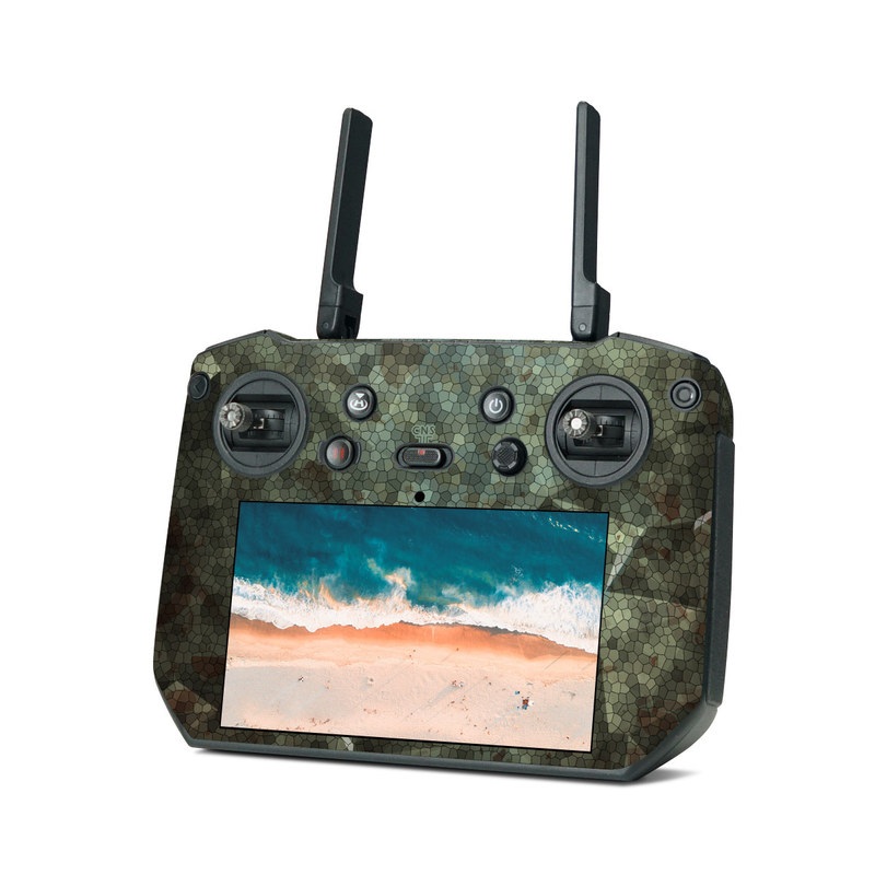DJI RC Pro Skin design of Green, Pattern, Brown, Wall, Design, Rock, Geology, Camouflage, Granite, Metal, with black, brown, blue, gray, white colors