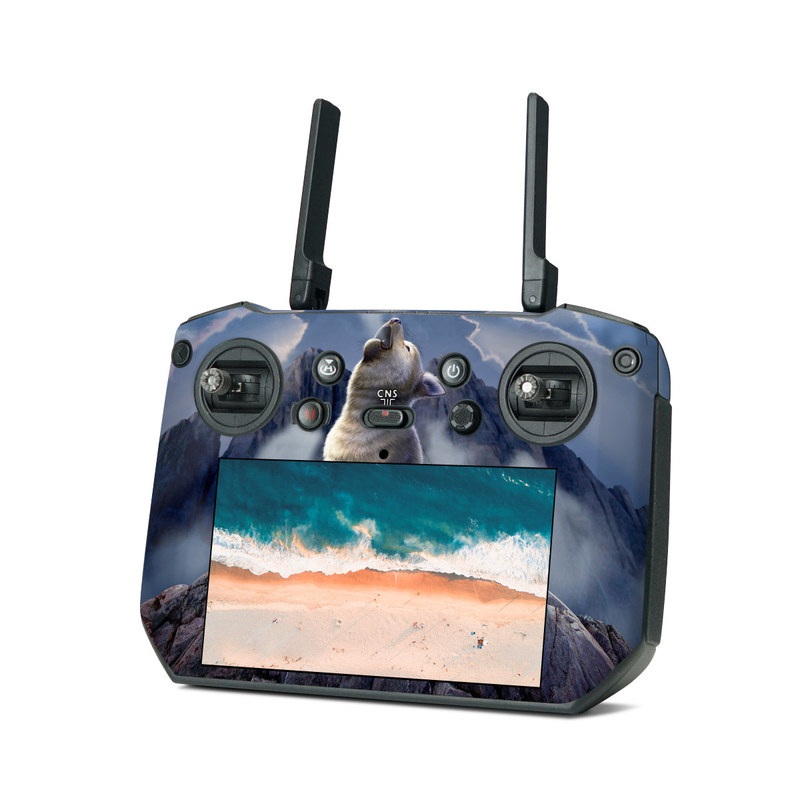 DJI RC Pro Skin design of Sky, Cloud, Atmosphere, Rock, Wolf, Photography, Cg artwork, Illustration, Mountain, Mythology, with white, blue, gray, brown colors