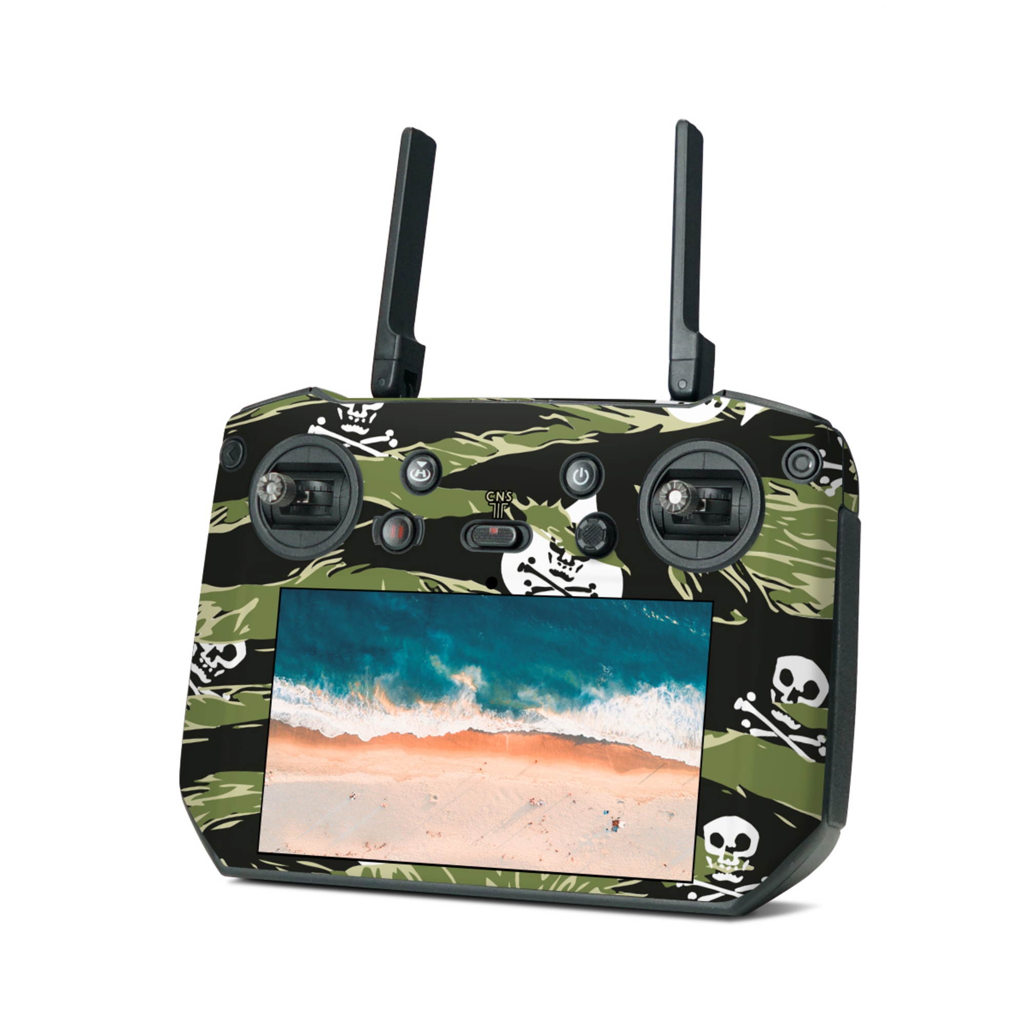 DJI RC Pro Skin design of Military camouflage, Pattern, Leaf, Illustration, Design, Tree, Camouflage, Plant, Art, Branch, with black, white, green colors