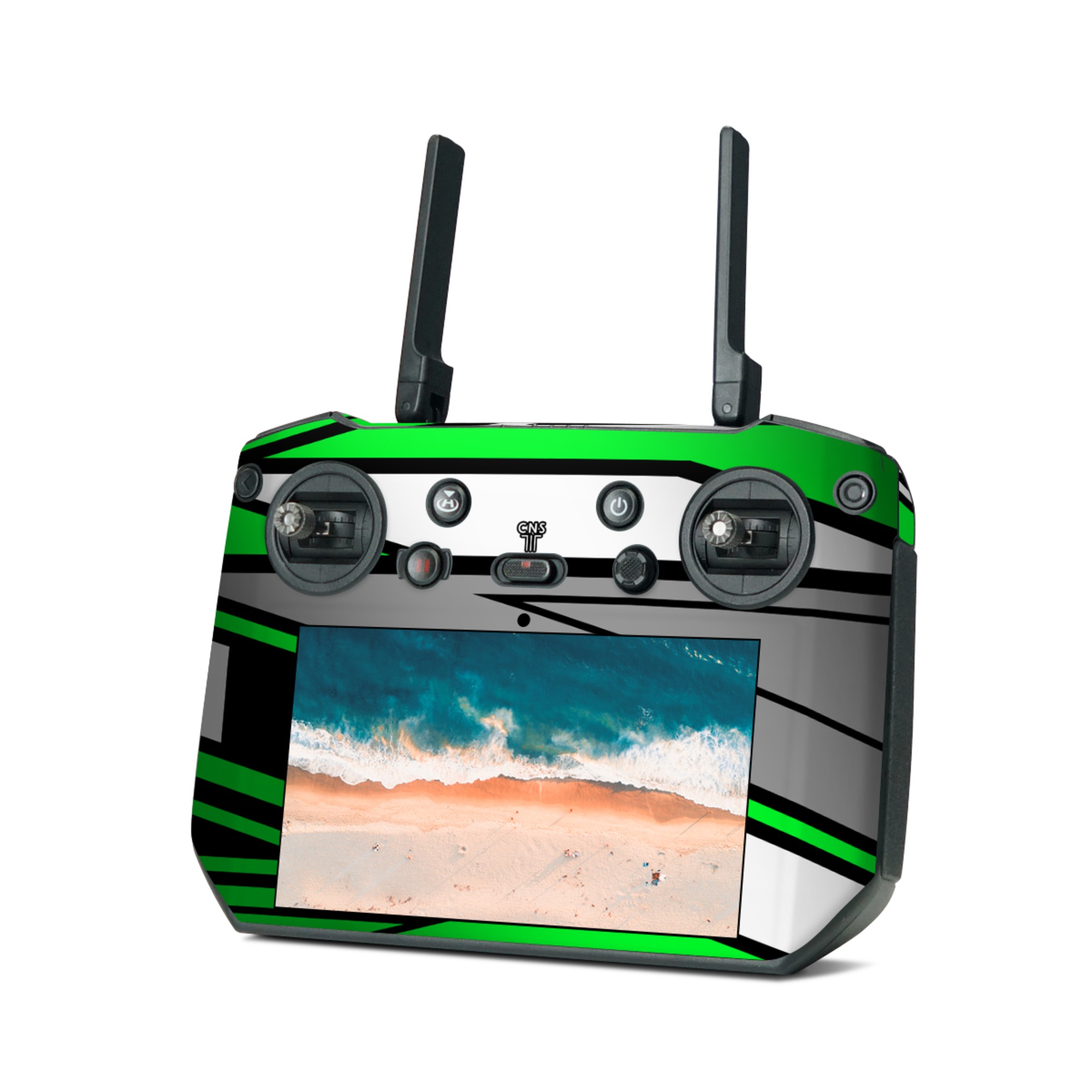 DJI RC Pro Skin design of Colorfulness, Green, Rectangle, Slope, Font, Line, Material property, Parallel, Tints and shades, Graphics, with black, green, white, gray colors