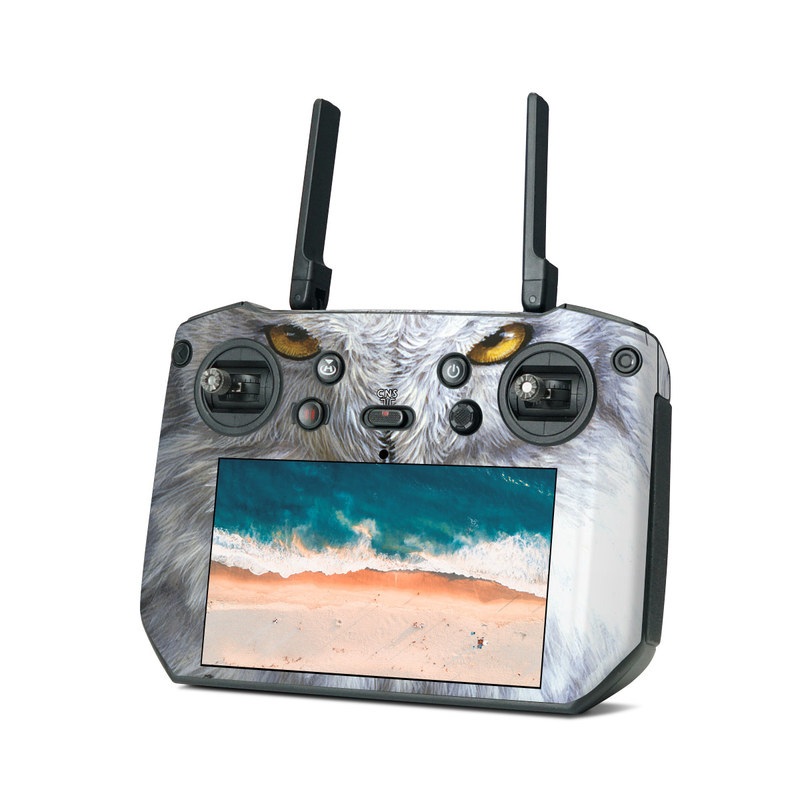 DJI RC Pro Skin design of Owl, Bird, Bird of prey, Snowy owl, great grey owl, Close-up, Eye, Snout, Wildlife, Eastern Screech owl, with gray, white, black, blue, purple colors