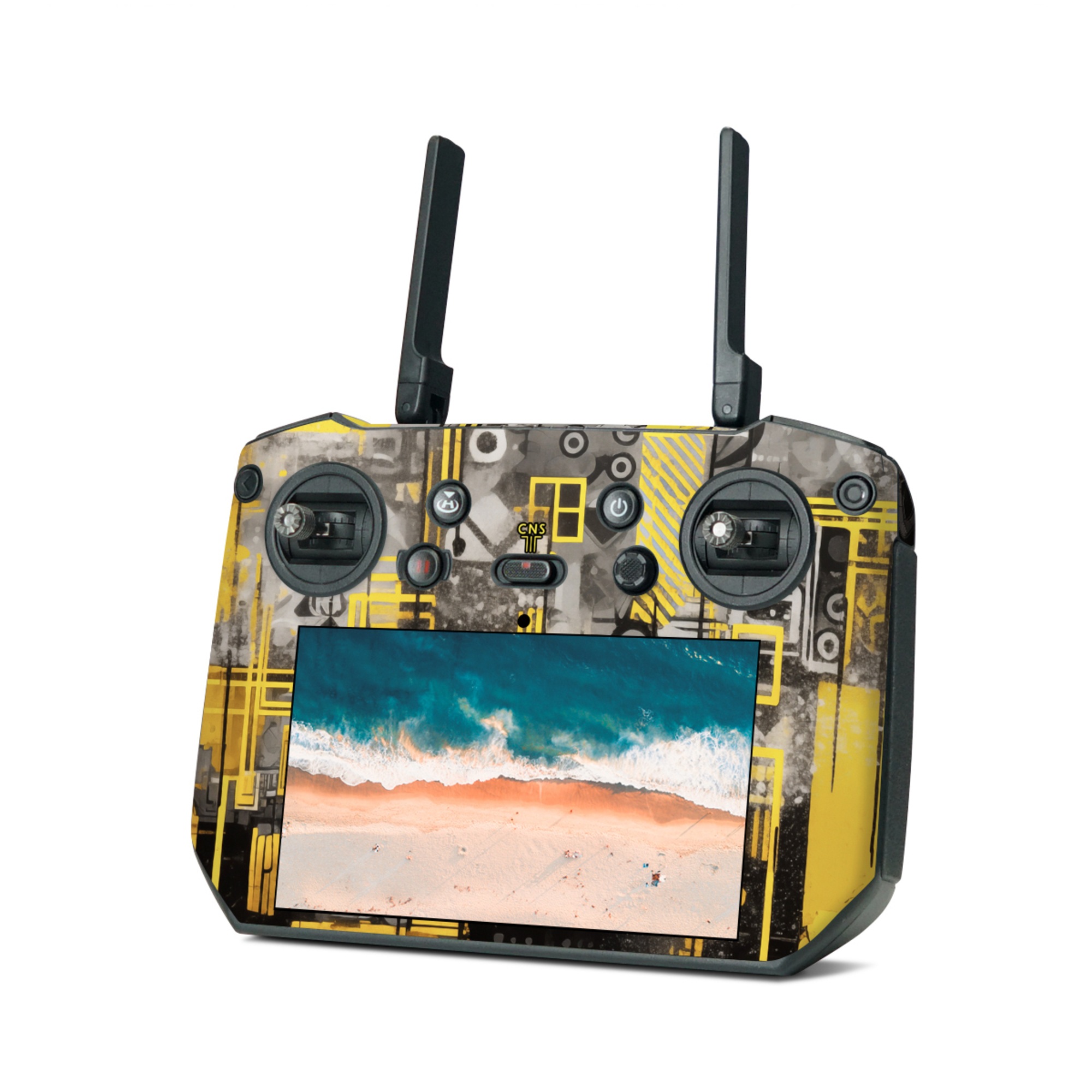 DJI RC Pro Skin design of Rectangle, Yellow, Font, Art, City, Engineering, Tints and shades, Pattern, Symmetry, Space, with black, white, gray, yellow colors