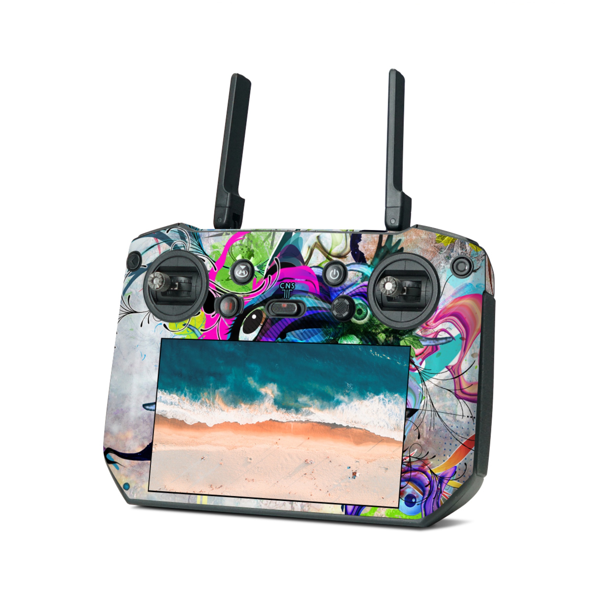 DJI RC Pro Skin design of Graphic design, Psychedelic art, Art, Illustration, Purple, Visual arts, Graffiti, Street art, Design, Painting, with gray, black, blue, green, purple colors