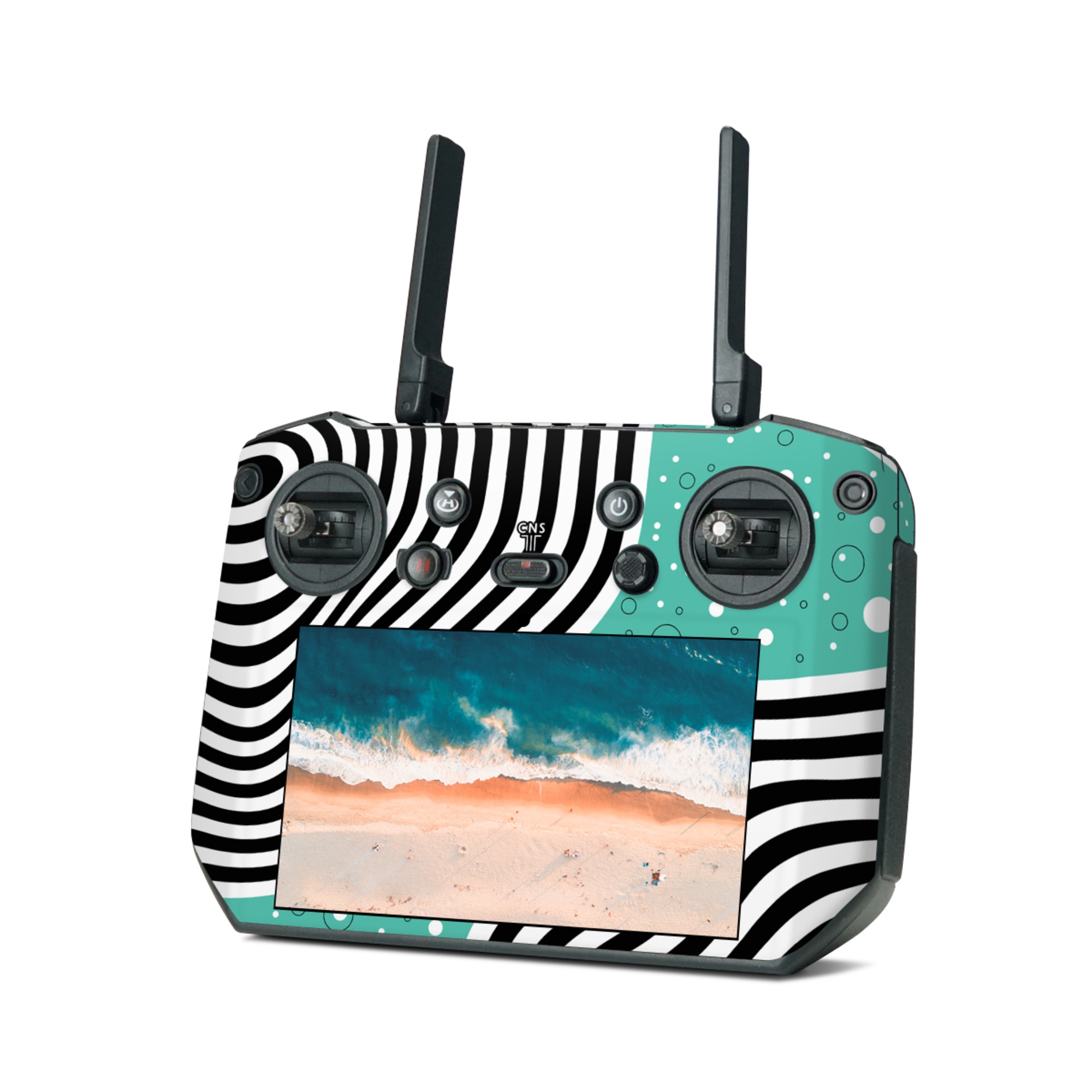 DJI RC Pro Skin design of White, Rectangle, Art, Line, Aqua, Pattern, Electric blue, Visual arts, Font, Graphics, with white, black, blue, green colors