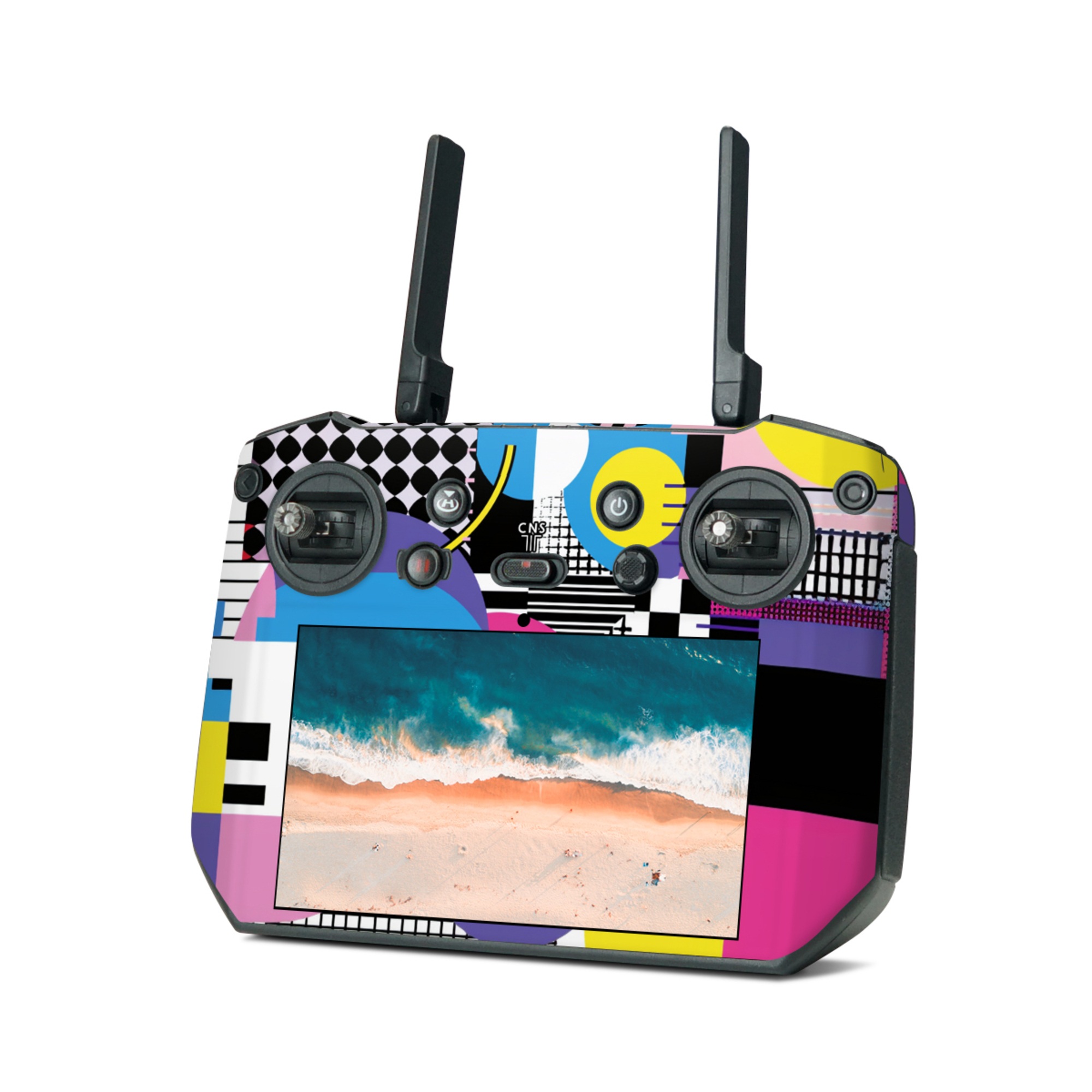 DJI RC Pro Skin design of Rectangle, Textile, Art, Font, Line, Material property, Magenta, Pattern, Circle, Tints and shades, with pink, yellow, white, black, purple, blue colors