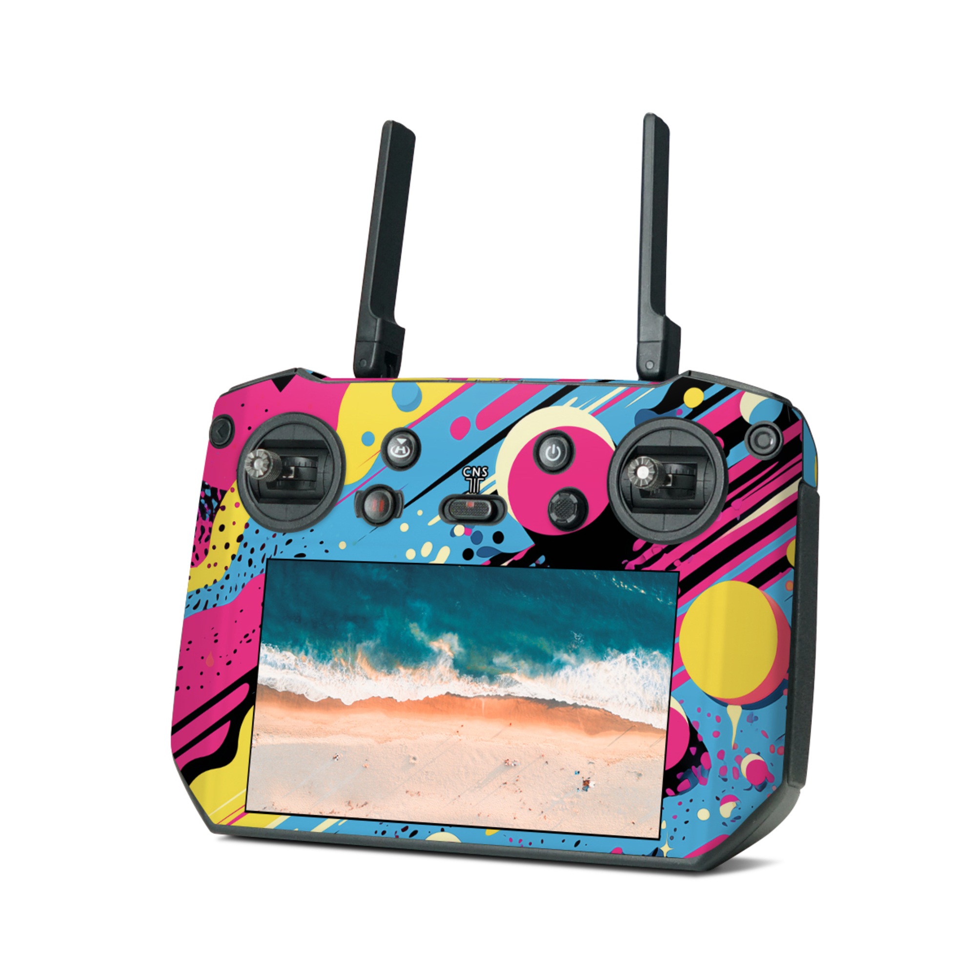 DJI RC Pro Skin design of Colorfulness, Paint, Art, Font, Line, Material property, Magenta, Pattern, Illustration, Circle, with pink, yellow, blue, black, white colors