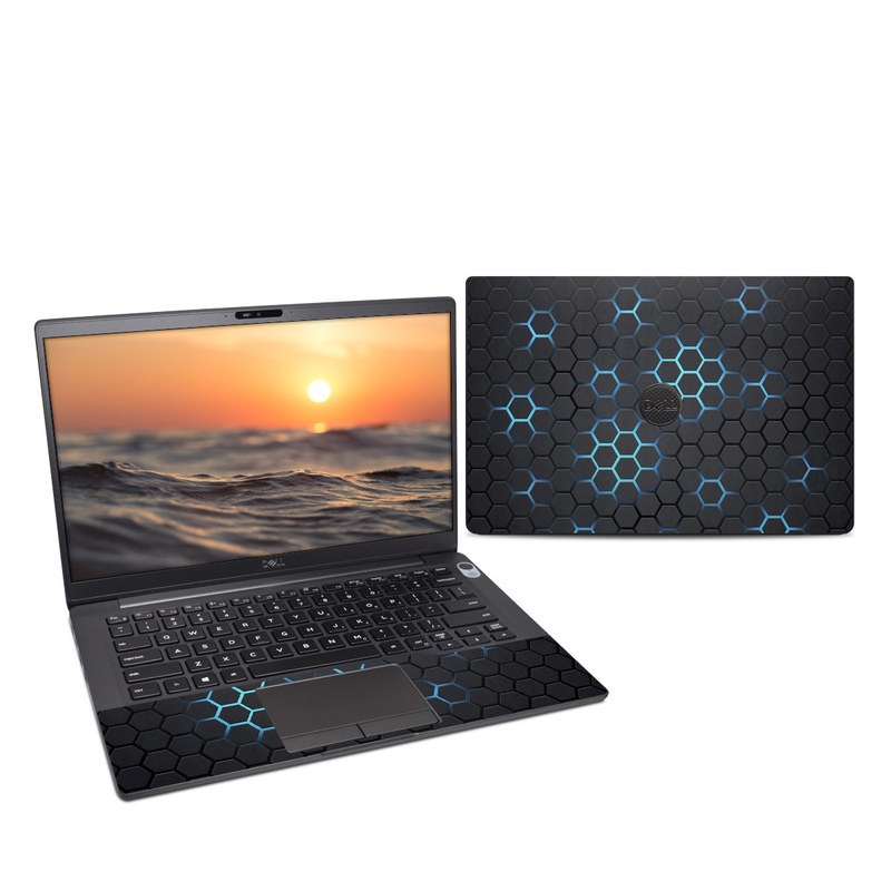 Dell Latitude 7400 Skin design of Pattern, Water, Design, Circle, Metal, Mesh, Sphere, Symmetry with black, gray, blue colors