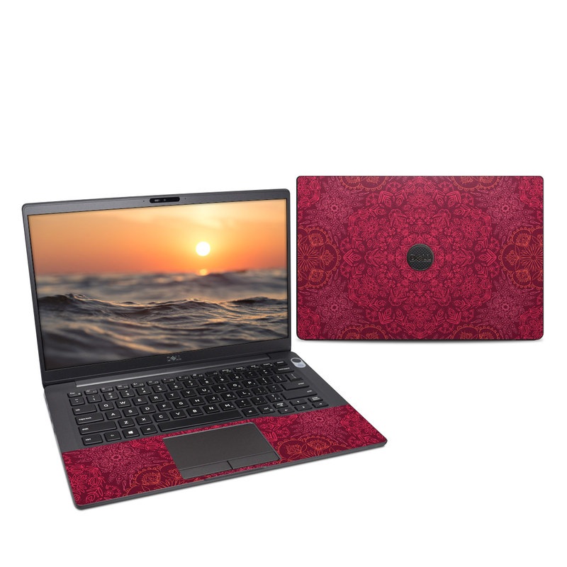 Dell Latitude 7400 Skin design of Red, Pattern, Pink, Magenta, Purple, Maroon, Violet, Textile, Design, Wallpaper, with red, black colors