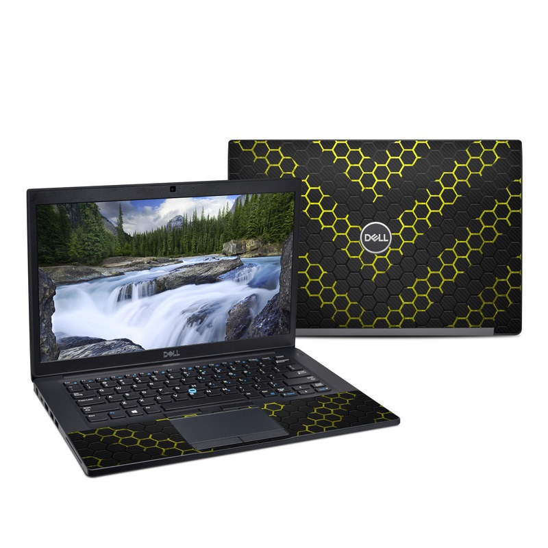 Dell Latitude 7490 Skin design of Black, Pattern, Yellow, Mesh, Net, Chain-link fencing, Design, Metal with black, gray, yellow colors