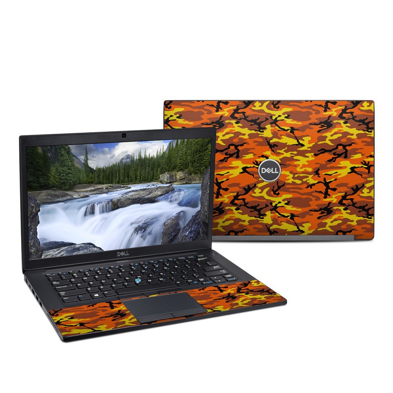 Dell Latitude 7490 Skin design of Military camouflage, Orange, Pattern, Camouflage, Yellow, Brown, Uniform, Design, Tree, Wildlife, with red, green, black colors