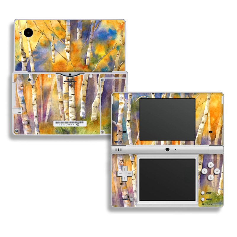 Nintendo DSi Skin design of Canoe birch, Watercolor paint, Tree, Birch, Woody plant, Painting, Plant, Birch family, Paint, Trunk, with orange, yellow, green, white, purple, blue colors