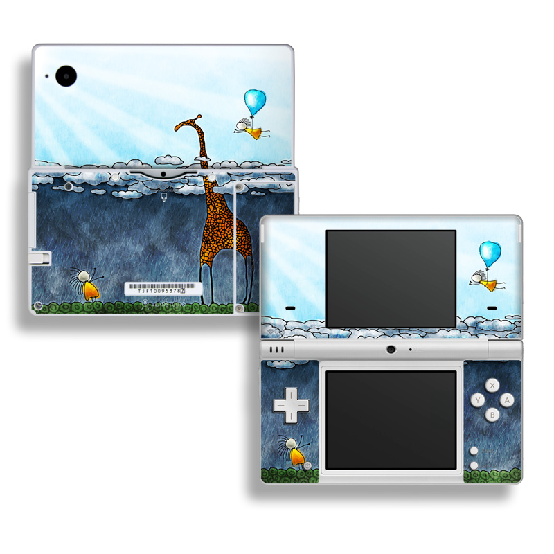 Nintendo DSi Skin design of Giraffe, Sky, Tree, Water, Branch, Giraffidae, Illustration, Cloud, Grassland, Bird, with blue, gray, yellow, green colors