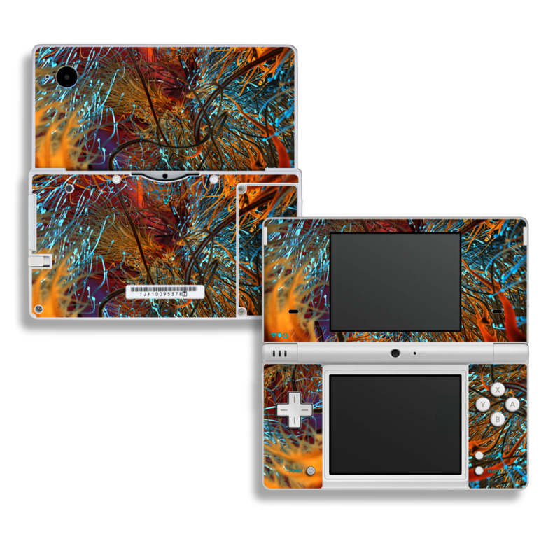 Nintendo DSi Skin design of Orange, Tree, Electric blue, Organism, Fractal art, Plant, Art, Graphics, Space, Psychedelic art, with orange, blue, red, yellow, purple colors