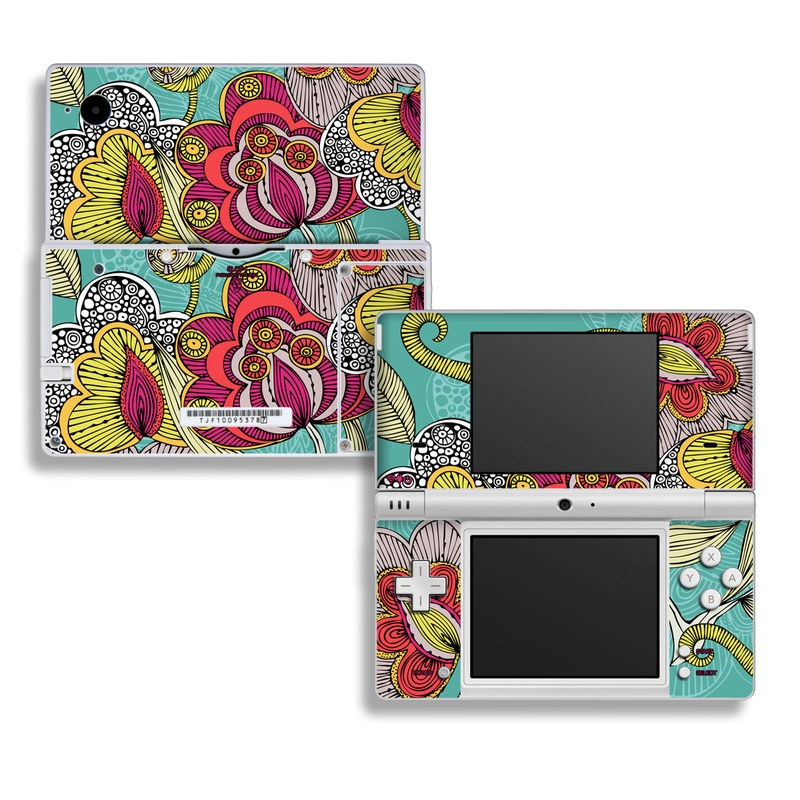 Nintendo DSi Skin design of Pattern, Visual arts, Motif, Floral design, Design, Art, Plant, Flower, Organism, Textile, with red, yellow, blue, gray, pink colors