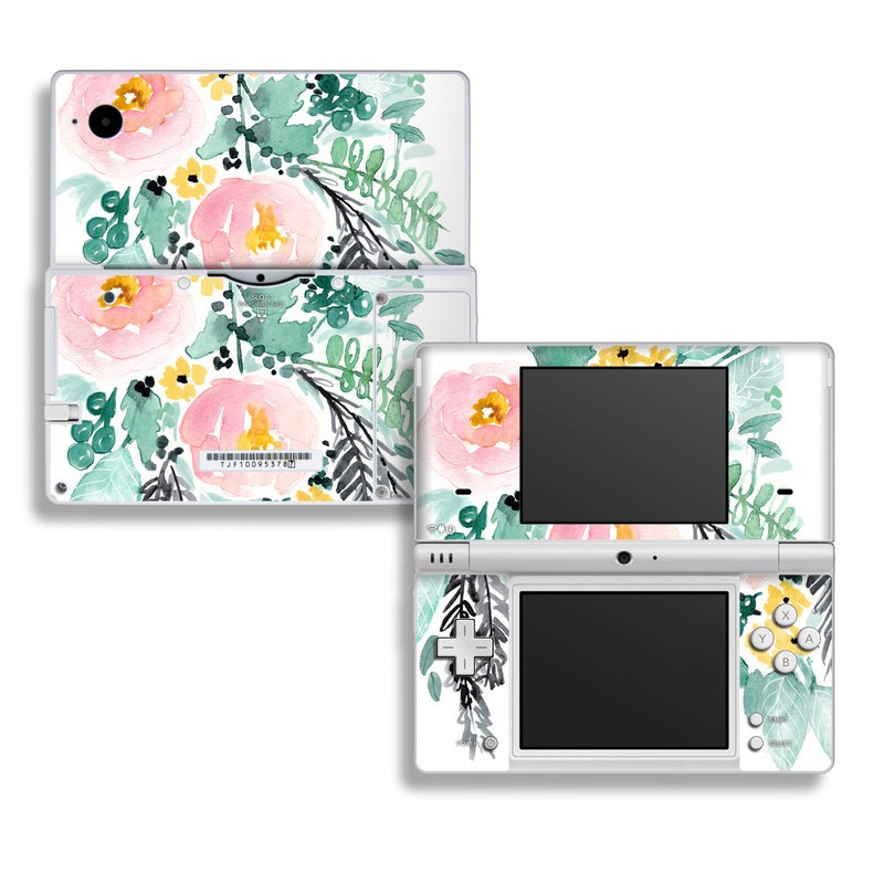 Nintendo DSi Skin design of Branch, Clip art, Watercolor paint, Flower, Leaf, Botany, Plant, Illustration, Design, Graphics, with green, pink, red, orange, yellow colors
