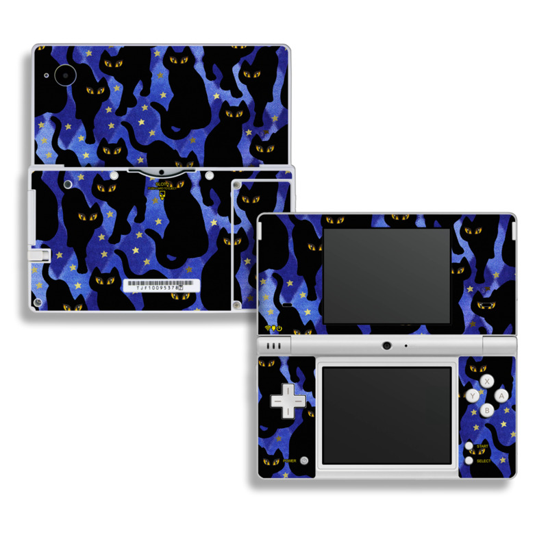Nintendo DSi Skin design of Black cat, Black, Cat, Small to medium-sized cats, Pattern, Felidae, Design, Electric blue, Illustration, Art, with black, blue, purple, yellow colors