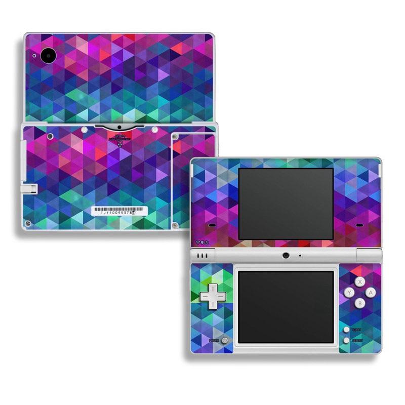 Nintendo DSi Skin design of Purple, Violet, Pattern, Blue, Magenta, Triangle, Line, Design, Graphic design, Symmetry, with blue, purple, green, red, pink colors