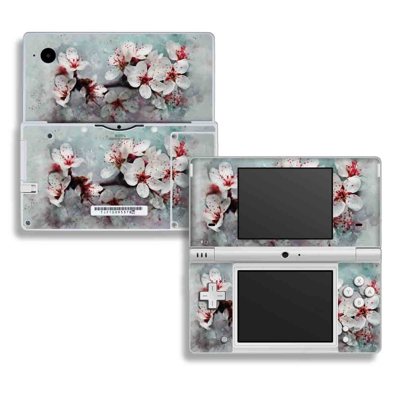 Nintendo DSi Skin design of Blossom, Flower, Cherry blossom, Watercolor paint, Plant, Spring, Pink, Petal, Branch, Painting, with white, gray, red, pink, purple, blue colors