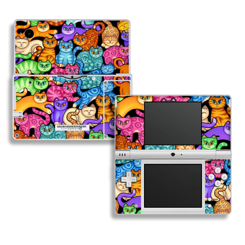 Nintendo DSi Skin design of Cat, Cartoon, Felidae, Organism, Small to medium-sized cats, Illustration, Animated cartoon, Wildlife, Kitten, Art, with black, blue, red, purple, green, brown colors