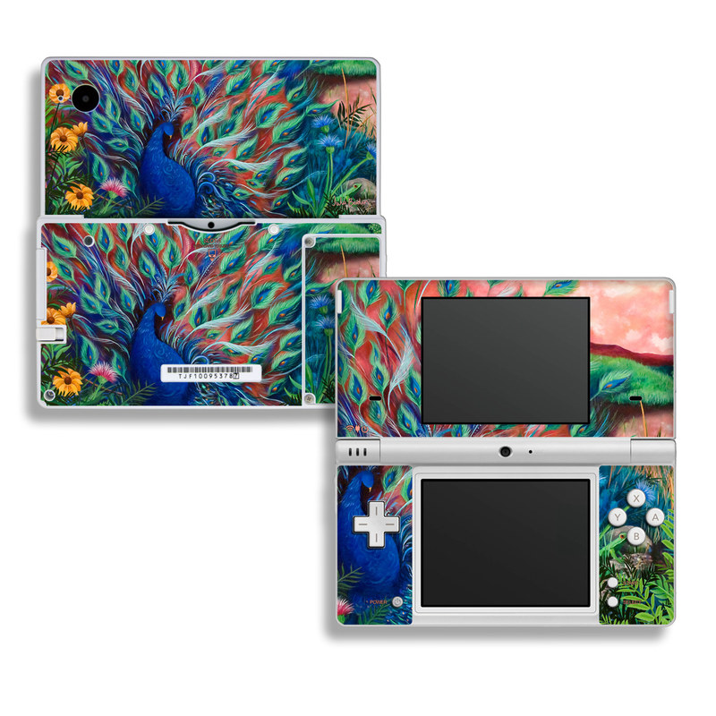 Nintendo DSi Skin design of Painting, Acrylic paint, Bird, Child art, Art, Galliformes, Peafowl, Visual arts, Watercolor paint, Plant, with black, red, gray, blue, green colors