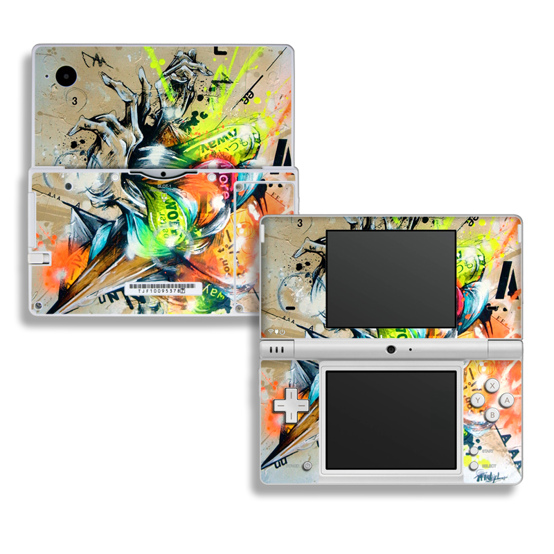 Nintendo DSi Skin design of Graphic design, Art, Illustration, Fictional character, Visual arts, Graphics, Painting, Watercolor paint, Modern art, Games, with gray, black, green, red, orange, pink colors