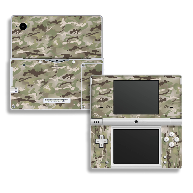 Nintendo DSi Skin design of Military camouflage, Camouflage, Pattern, Clothing, Uniform, Design, Military uniform, Bed sheet, with gray, green, black, red colors