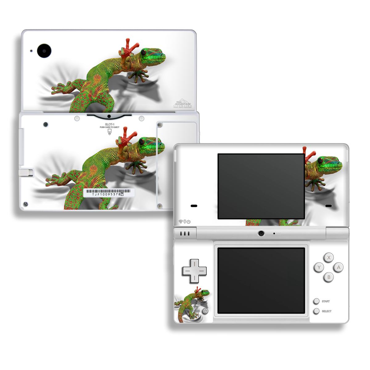Nintendo DSi Skin design of Lizard, Reptile, Gecko, Scaled reptile, Green, Iguania, Animal figure, Wall lizard, Fictional character, Iguanidae, with white, gray, black, red, green colors