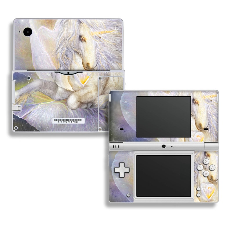 Nintendo DSi Skin design of Fictional character, Mythical creature, Unicorn, Sky, Mythology, Supernatural creature, Illustration, with gray, black, green, pink, blue colors