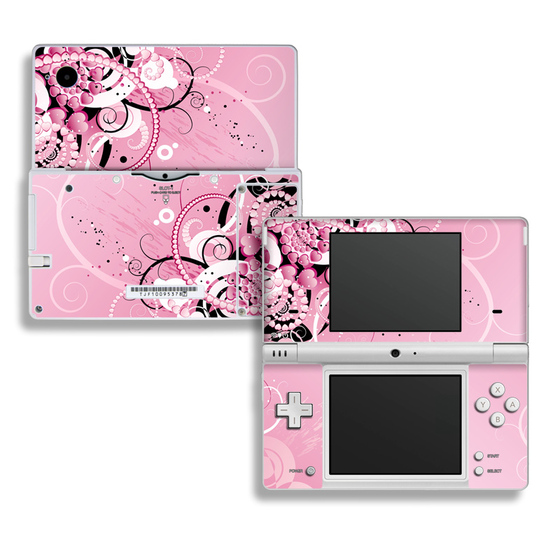 Nintendo DSi Skin design of Pink, Floral design, Graphic design, Text, Design, Flower Arranging, Pattern, Illustration, Flower, Floristry, with pink, gray, black, white, purple, red colors